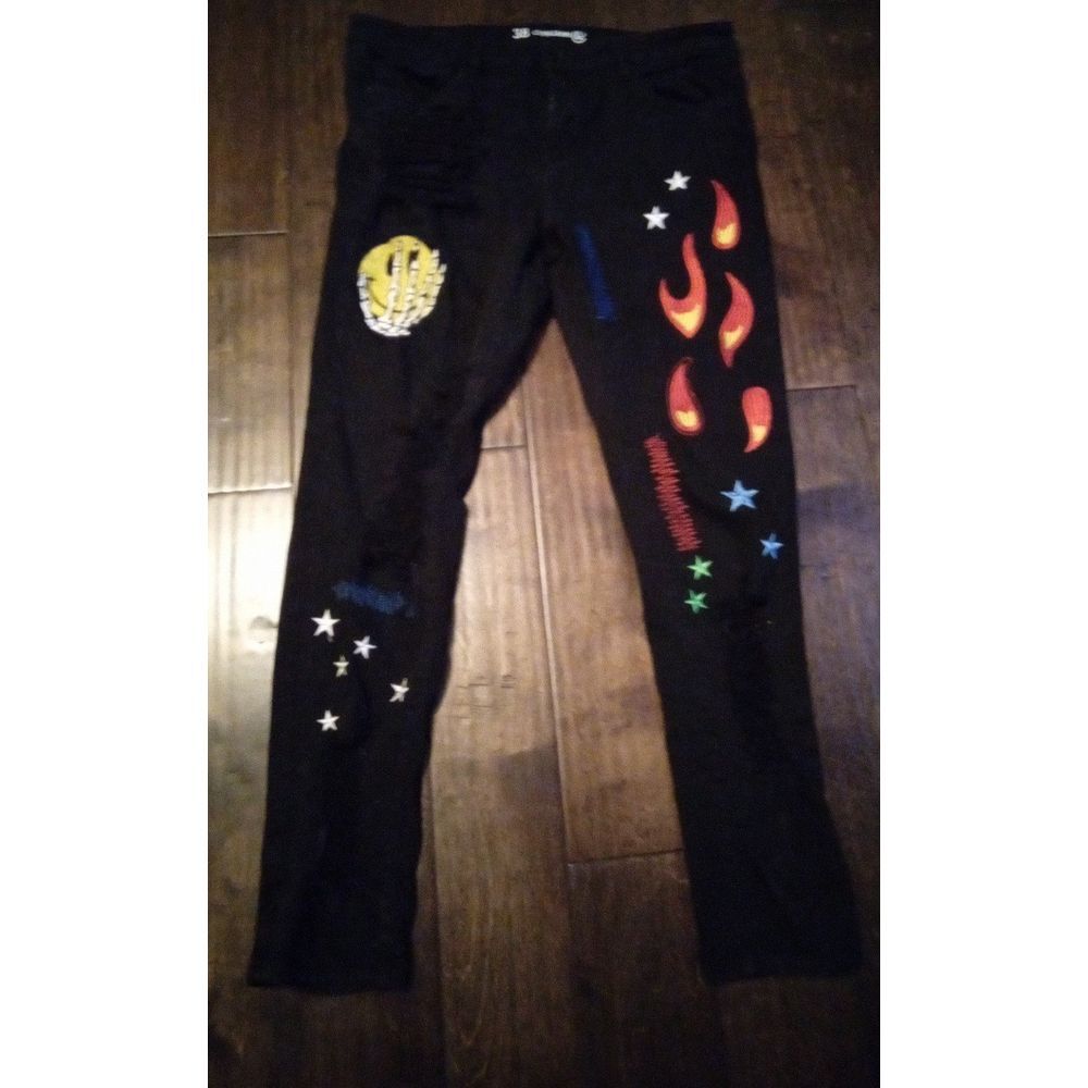 Custom Hand-Painted Black Jeans with Flames Stars Artistic Design‎ Size 38